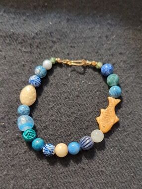 Handcrafted Blue & Cream Beaded Fish Statement Bracelet